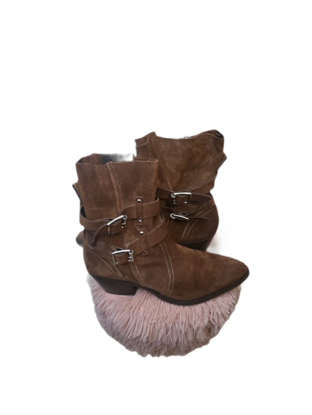 ALL Saints Brown Suede Buckle Ankle Boots - Women's Western Bootie Sz 9-9.5